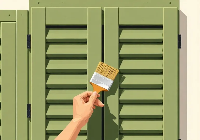 Mise en peinture au pinceau de volets et d'encadrements en bois