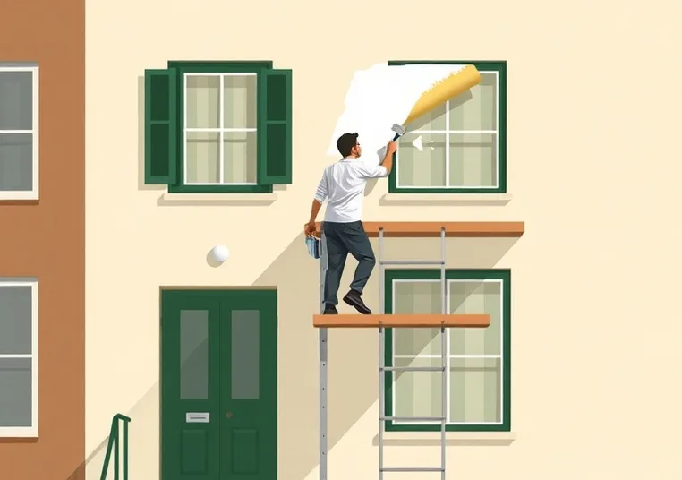 Peintre sur échafaudage traitant la façade d'une maison